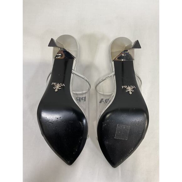 Prada Logo Clear Slide Silver Leather Sandal Size 6 - Picture 5 of 5